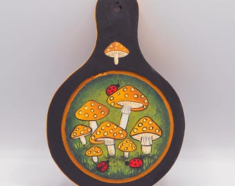 Hand Painted Folk Art Primitive Mini Charcuterie Board: Yellow-Capped Mushrooms, Ladybugs, Americana