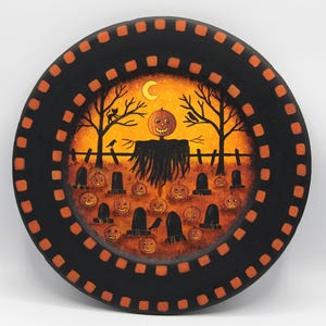 Halloween Folk Art Hand Painted Wood Plate, Farmhouse Fall Decor, Primitive Painting, Spooky Scarecrow, Cemetery, Pumpkins, Naive OOAK art