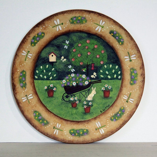 Hand Painted Folk Art Wooden Plate, Wheelbarrow Filled with Flowers, Birdhouse, Rabbit, Dragonflies, Hummingbird, Unique Gift, Cottagecore