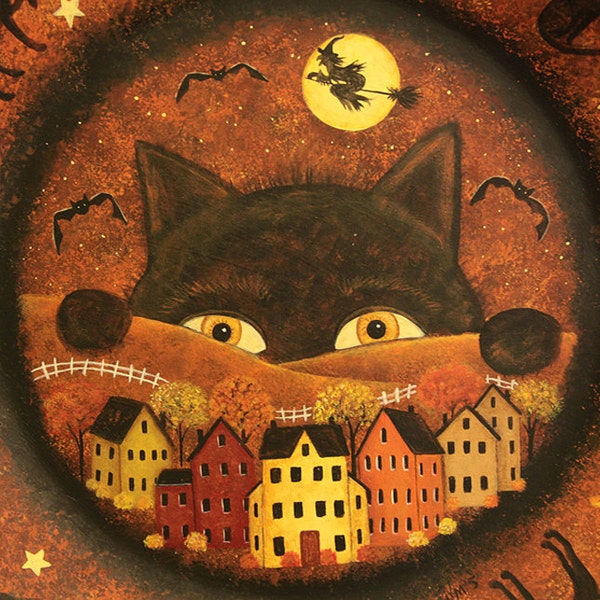 Folk Art Halloween Wood Plate - Hand painted MADE TO ORDER -  Black Cats Peeking At a Saltbox Village Witch and Bats Flying, Full Moon