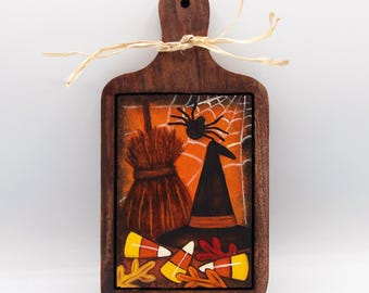 Halloween Folk Art Witch Hat Broom Charcuterie Board, Primitive Wood Decor