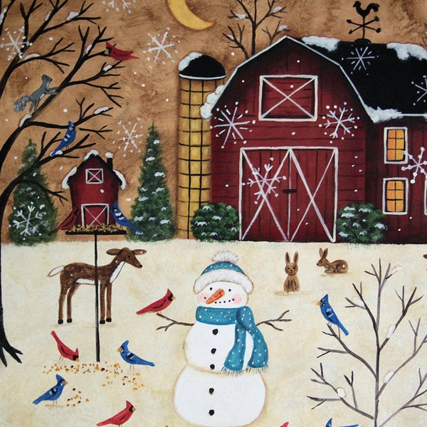 Snowman and Red Barn Primitive Winter Plate, Hand Painted Bird Feeder in Snowy Yard, Deer, Rabbits, Cardinals, Jays, Squirrels MADE TO ORDER