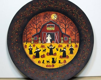 Hand Painted Halloween Folk Art Wood Plate, Kittens, Witches, Pumpkins, Primitive Fall Decor