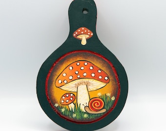 Hand Painted Folk Art Primitive Mini Charcuterie Board: Red-Capped Mushrooms, Snail, Americana Decor