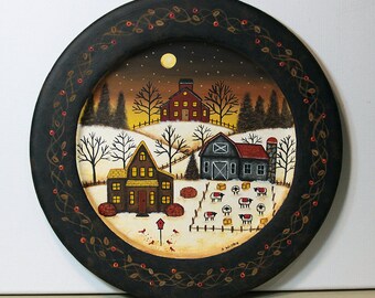 Christmas Folk Art Hand Painted Wood Plate, Primitive Winter Landscape Painting, Saltbox Houses, Weathered Barn, Sheep, Cardinals, Naive Art