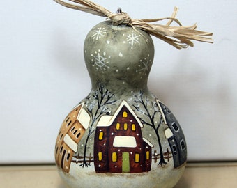 Hand Painted Gourd Ornament, Primitive Saltbox Houses, Winter Snowflakes, Naive Art