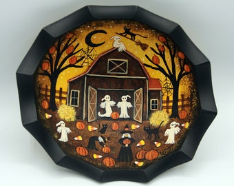 Vintage Halloween Folk Art Hand Painted Wood Bowl, Barn Scene, Ghosts, Pumpkins