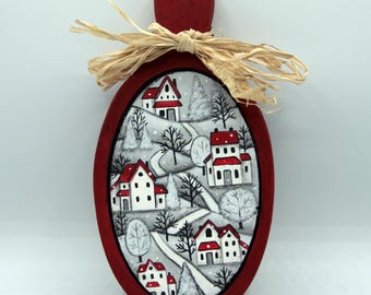 Hand Painted Folk Art Wood Board, Winter Village Scene, Primitive Christmas Decoration