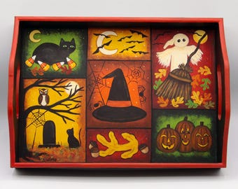 Hand Painted Halloween Folk Art Wood Tray, Owl, Witch Hat, Ghost, Black Cat, Pumpkins