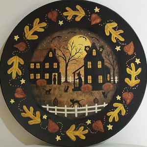 Hand Painted Halloween Folk Art Plate: Sister Witches & Black Cats