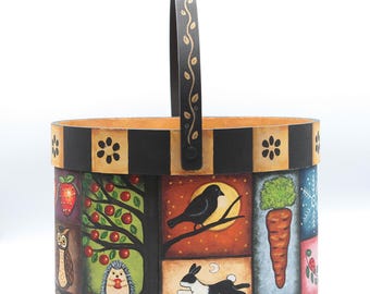 Hand Painted Bentwood Bucket Primitive Folk Art with Americana Vignettes, Hedgehog, Rooster, Fox, Crow