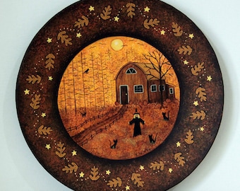 Hand Painted Halloween Plate: Haunted Cabin Folk Art Decor