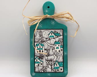Hand Painted Folk Art Winter Scene Wood Charcuterie Board, Saltbox Houses, Snowy Trees