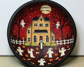 Hand Painted Halloween Folk Art Wood Bowl, Spooky Saltbox House Scene