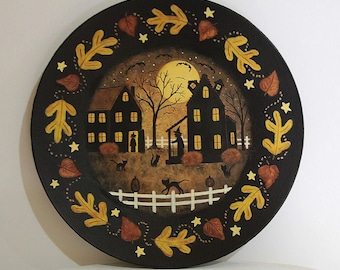 Hand Painted Halloween Folk Art Plate: Sister Witches & Black Cats