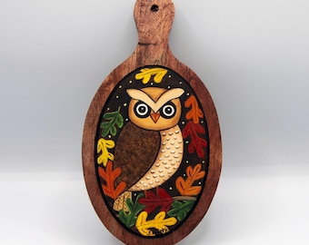 Hand Painted Folk Art Owl Charcuterie Board, Autumn Leaves Fall Decor