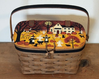 Hand Painted Longaberger Halloween Basket Purse, Folk Art Witches, Ghosts, Cats