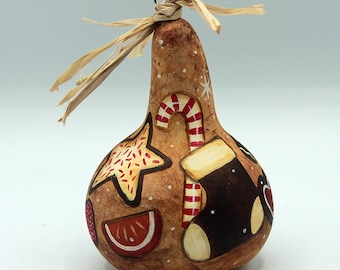 Hand-Painted Gourd Ornament, Christmas Folk Art, Gingerbread, Candy Cane, Snowflakes
