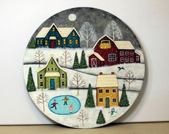 Winter Folk Art Hand Painted Wood Plate, Primitive Painting of Countryside Village, Red Barn, Saltbox House, Children Skating on Pond, Naive