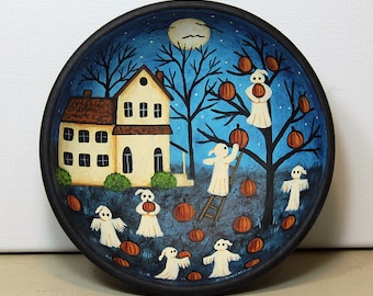 Hand Painted Halloween Folk Art Bowl: Spooky Saltbox House, Ghost & Bats