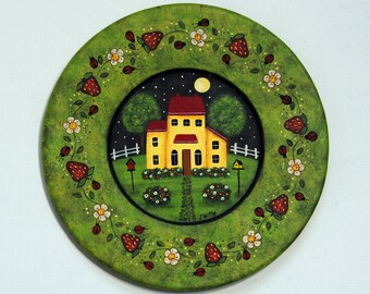 Folk Art Hand Painted Wood Plate, Saltbox House, Strawberries, Ladybugs, Birdhouse, Primitive Style, Spring Painting, Naive, Country Decor