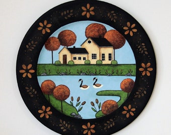 Folk Art Hand Painted Wood Plate, Canada Geese Autumn Pond Scene, Farmhouse Decor
