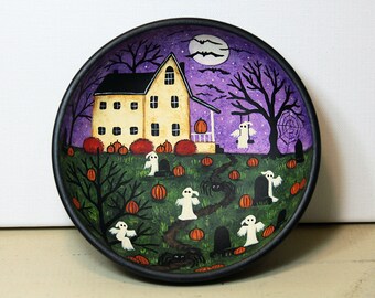 Hand Painted Halloween Folk Art Bowl, Ghosts, Pumpkins, Spooky House, Naive Art