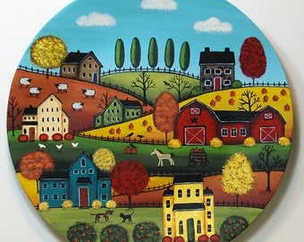Primitive Folk Art Hand Painted Wooden Plate, Fall Americana Sheep Meadow Scene