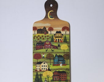 Hand Painted Halloween Folk Art Bread Board, Village, Witches, Scarecrow, Black Cats, Pumpkins