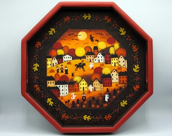 Hand Painted Halloween Folk Art Wood Tray: Witches, Ghosts & Saltbox Houses