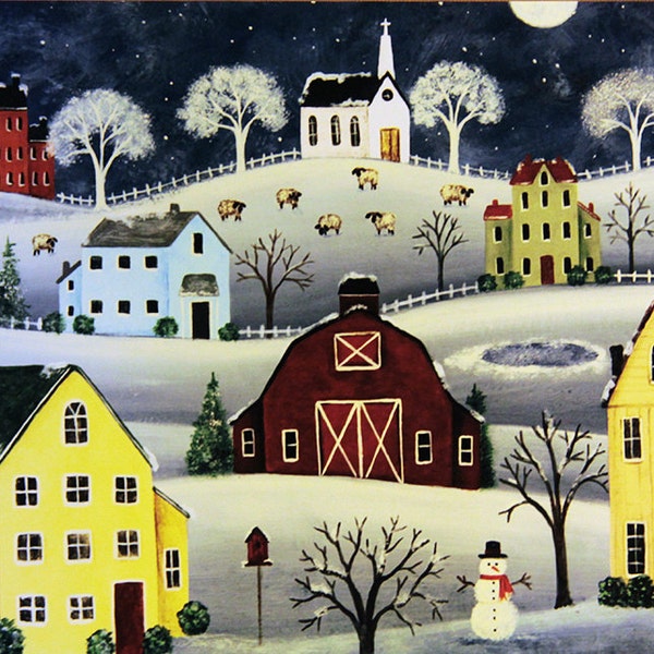 Christmas Winter Folk Art Note Card -Custom greeting 5 x 7 inch Glossy Card from Original Painting of Winter Scene, Saltbox Village, Snowman
