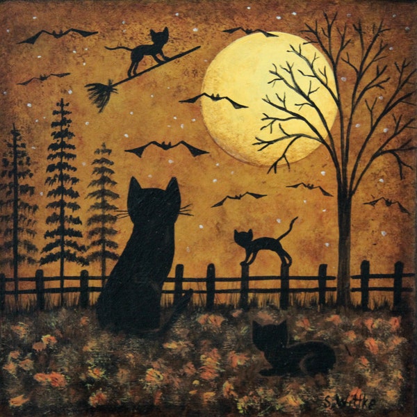 Midnight Broom Ride Halloween Folk Art Wooden Plate - MADE TO ORDER - Painted Primitive Square Wood Plate Black Cats Full Moon, Fall Leaves