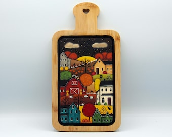 Hand Painted Folk Art Wood Charcuterie Board, Fall Village Scene, Sheep, Crows, Pumpkins