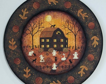 Hand Painted Halloween Folk Art Wood Plate, Ghosts, Black Cats, Pumpkins, Full Moon