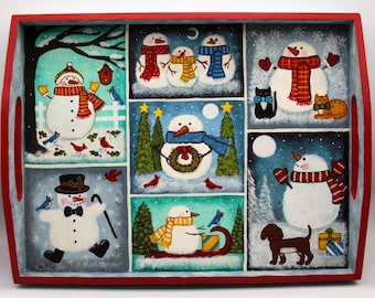 Hand Painted Snowman Folk Art Wood Tray, Primitive Naive Cottagecore Scenes