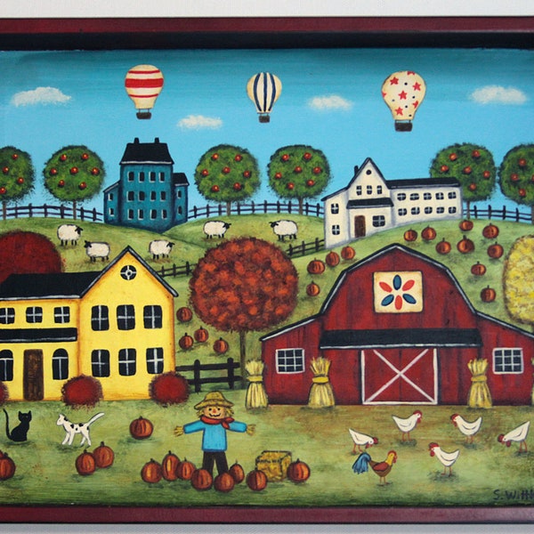 Americana Folk Art Wood Tray, Saltbox Houses, Sheep, Red Barn, Scarecrow, Apple Trees,  Pumpkins, Hot Air Balloons, Fall Landscape, Naive