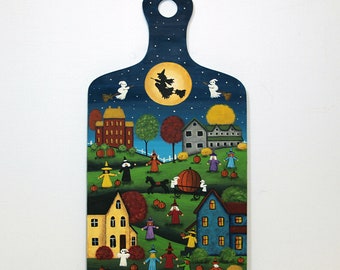Halloween Folk Art Painting, Witches, Ghosts, Pumpkin Scene Wood Cutting Board