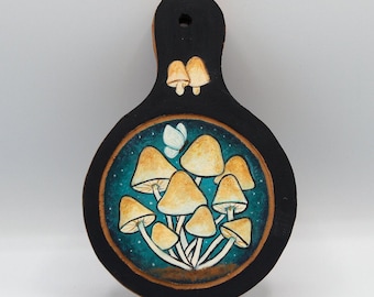 Hand Painted Folk Art Primitive Mini Charcuterie Board: White-Capped Mushrooms at Night, Butterfly