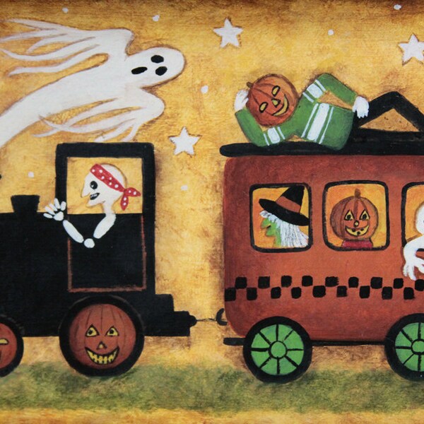 Folk Art Halloween Train Hand Painted Tray -MADE TO ORDER- Primitive Folk Art Skeleton, Witch, Ghost, Pumpkinhead, Spiders, Webs, green goop