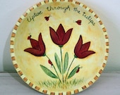 Spring Folk Art Wood Bowl - READY TO SHIP - Whimsical Hand painted Primitive Art Tiptoe Through the Tulips, Red Tulips, Ladybugs