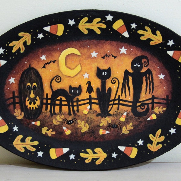 Halloween Folk Art Plate, Primitive Painting Oval Plate, Spooky Decor,  Black Cats, Pumpkin, Ghost, Bats, Spiders, Candy Corn MADE TO ORDER