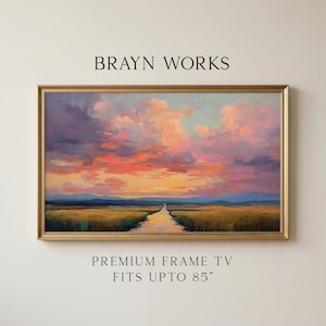 Cuadro de TV con marco dorado y puesta de sol en un prado. Arte para Samsung Frame TV. Paisaje vintage rústico con puesta de sol. Decoración de pared con estética cálida. Descarga gratuita.