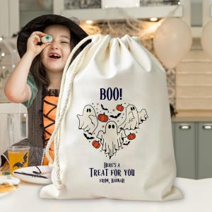 Personalisierte Halloween Leckerli Tasche mit Geistern und Kürbis - Kordelzug Candy Sack - Geschenk für Kinder - Halloween Boo Tasche - Perfekt für Halloween