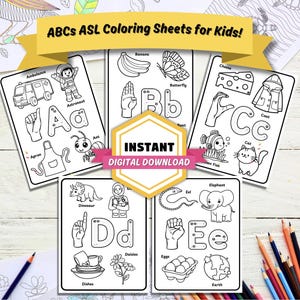 May include: A set of 10 printable coloring pages featuring the alphabet in American Sign Language (ASL). Each page includes a letter, a sign, and a related word. The words are: Ambulance, Astronaut, Ant, Banana, Butterfly, Cheese, Coat, Cat, Dinosaur, Dishes, Daisies, Eel, Elephant, Eggs, Earth.