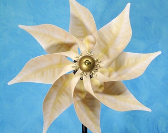 White Poinsettia Flower Pinwheel Spinner Whirligig Windmill Fan