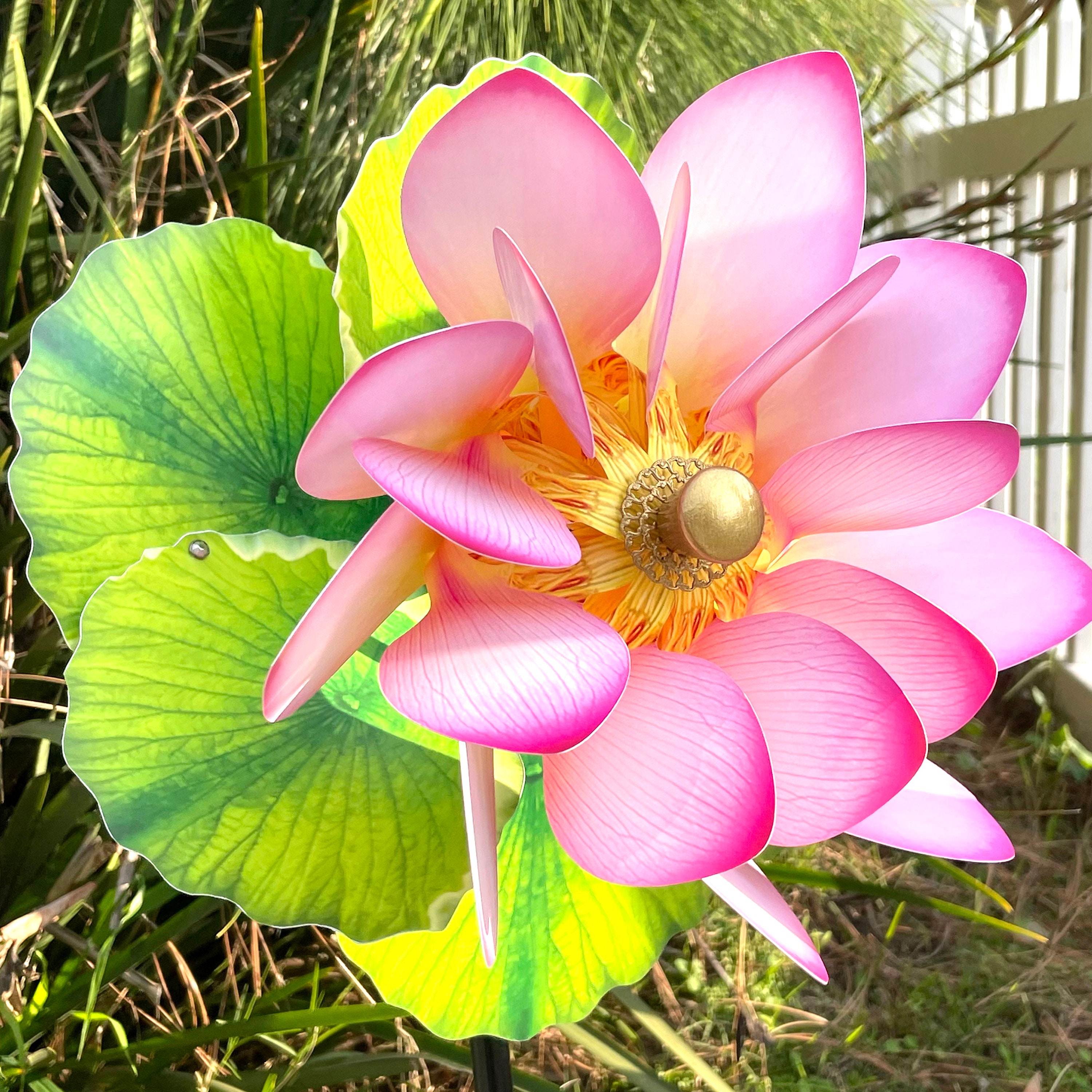 Pink Lotus Flower Giant Double Spin Pinwheel Wind Spinner