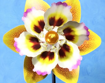 Cattleya & Phalaenopsis Orchid Double Spin Pinwheel Wind Spinner Whirligig Windmill Fan