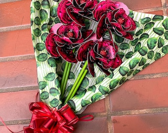 Bouquet Red Rose Pinwheel Wind Spinner Whirligig Windmill Fan