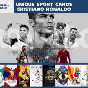 Op de afbeelding: Een promotieafbeelding voor MiniPro Cards met Cristiano Ronaldo. De afbeelding toont een collage van Ronaldo in actie, met de tekst "UNIQUE SPORT CARDS CRISTIANO RONALDO" bovenaan. Hieronder staan verschillende ruilkaarten met Ronaldo's afbeelding en handtekening.