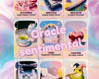 May include: A set of nine oracle cards titled Oracle sentimental, featuring illustrations of a rose in a glass dome, a record player, coffee cups, a teapot, a floral arch, a heart, a snow globe, a letter, and a frog playing a flute.